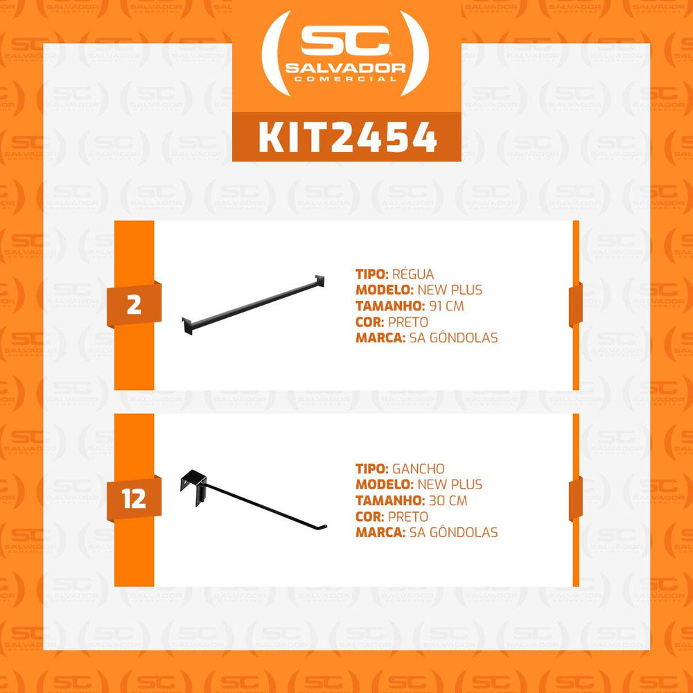Kit - 2 Réguas Para Organização de Gondola 91cm + 12 Ganchos Simples Preto New Plus - Sa Gondolas
