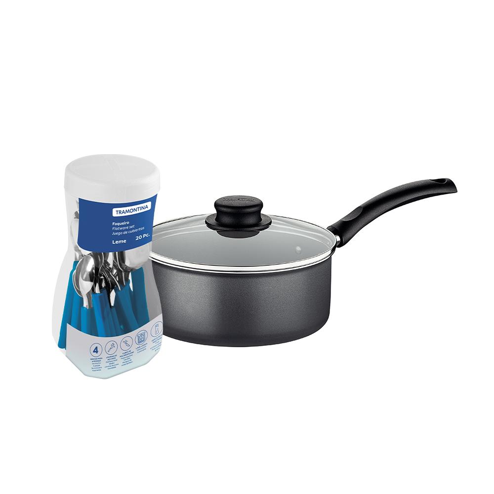 Panela Turim Alumínio Chumbo Antiaderente 1,4L PTC + Faqueiro Leme 20pc - Tramontina