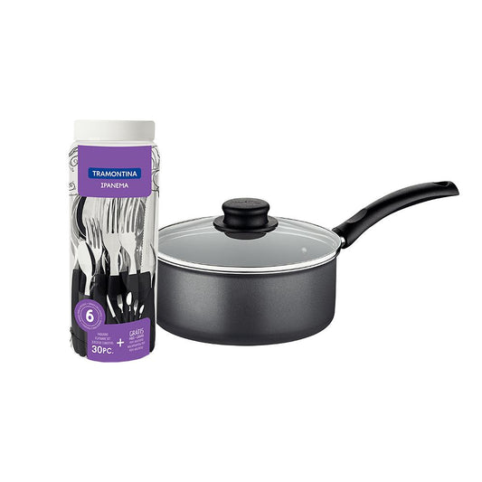 Panela Turim Alumínio Chumbo Antiaderente 1,4L PTC + Faqueiro Ipanema Preto 30pc - Tramontina