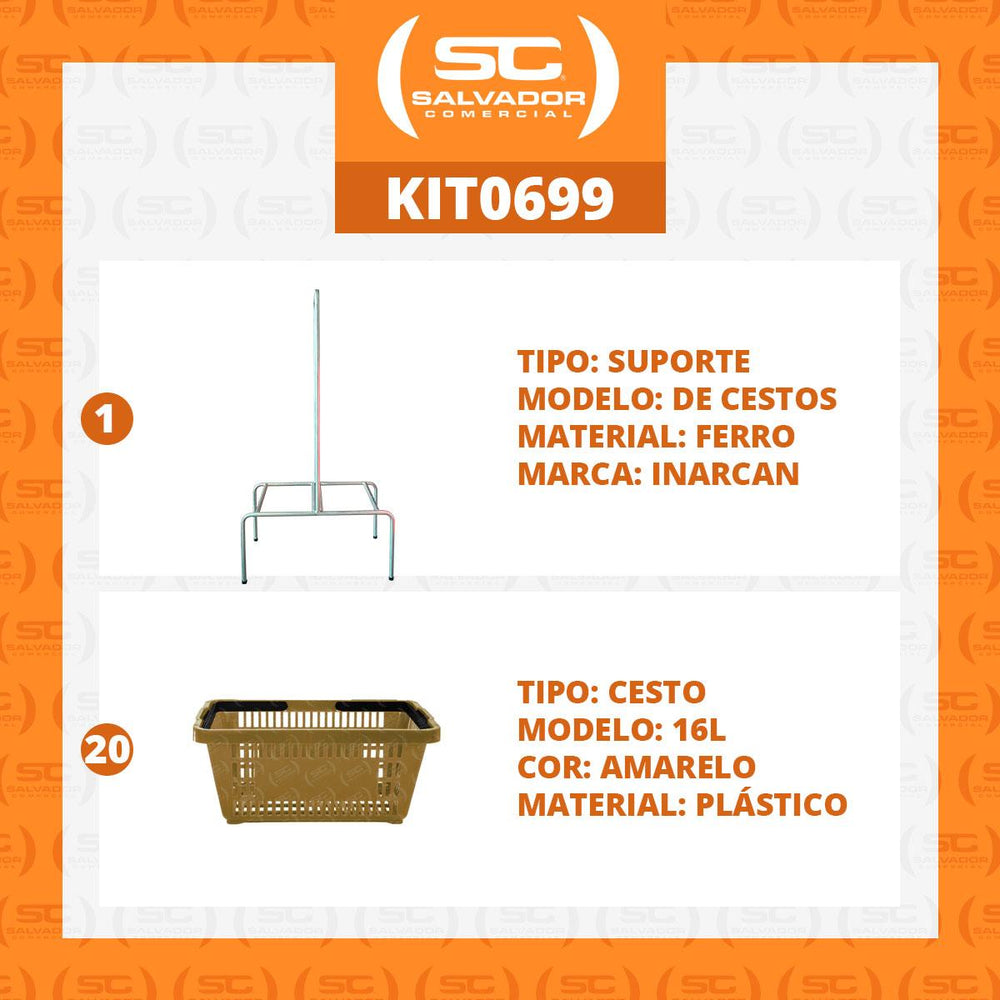 Kit Suporte Para Cestos De Compras Duplo + 20 Cestos D100 Amarelo