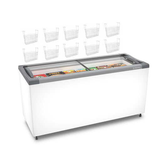 Kit - Freezer Horizontal Tampa de Vidro 405/505 Litros Nf55 - Metalfrio 220v + 10 Cestos Nextgen Branco