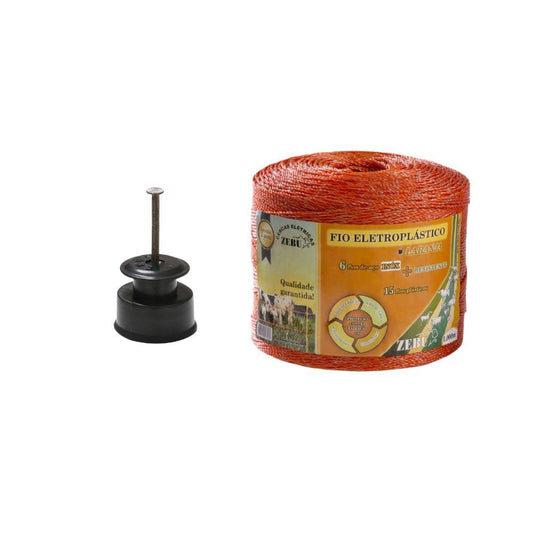 Fio Eletroplástico Rolo 500m Laranja Leve 2mm Cercas Elétricas EP500 + 100 Roldanas 30mm - Zebu