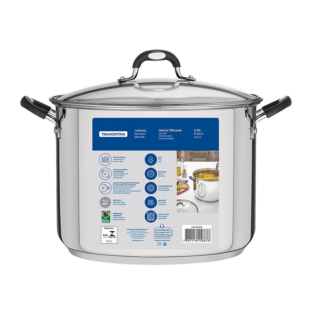 Caldeirão Astro Silicone em Aço Inox Fundo Triplo Tampa de Vidro 30 cm 15,2 l - Tramontina 62125300