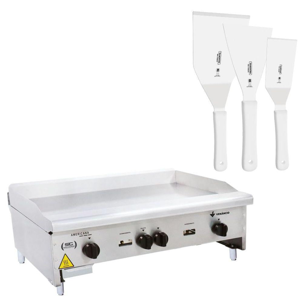 Chapa Americana Profissional 90cm a Gás 18mm Lisa Inox CG90 e Conjunto de Espátulas - Venâncio