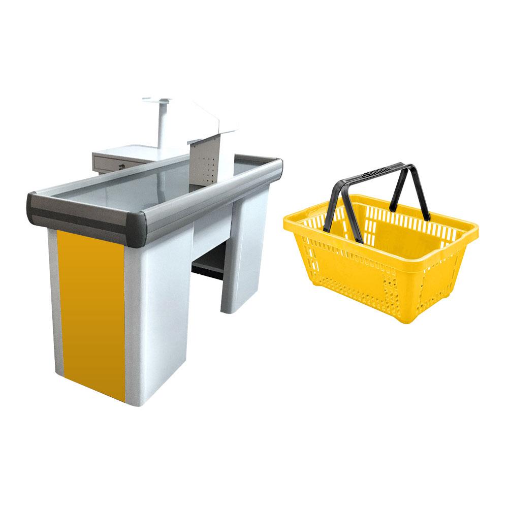 Kit Caixa De Supermercado Empacotador Check-Out 1,50m Recorte + 10 Cestos De Compras Amarelo