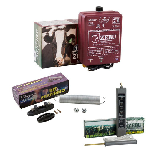 Eletrificador Cerca Elétrica Médias Propriedades Até 25.000m ZK50 Bivolt + Kit Para-raio + Voltímetro Zebu
