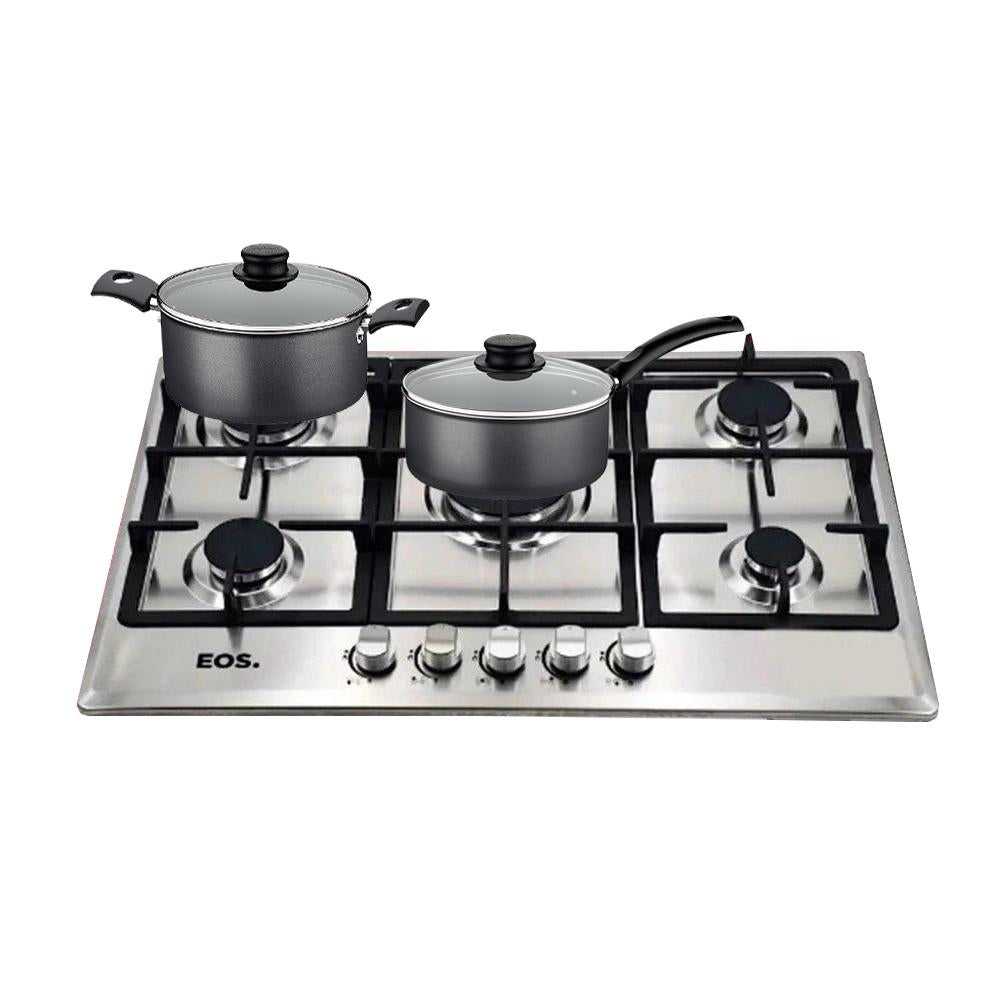 Kit Fogão Cooktop Inox a Gás 5 Bocas 1 Dupla ECG05 Eos + 2 Panelas Tramontina Turim