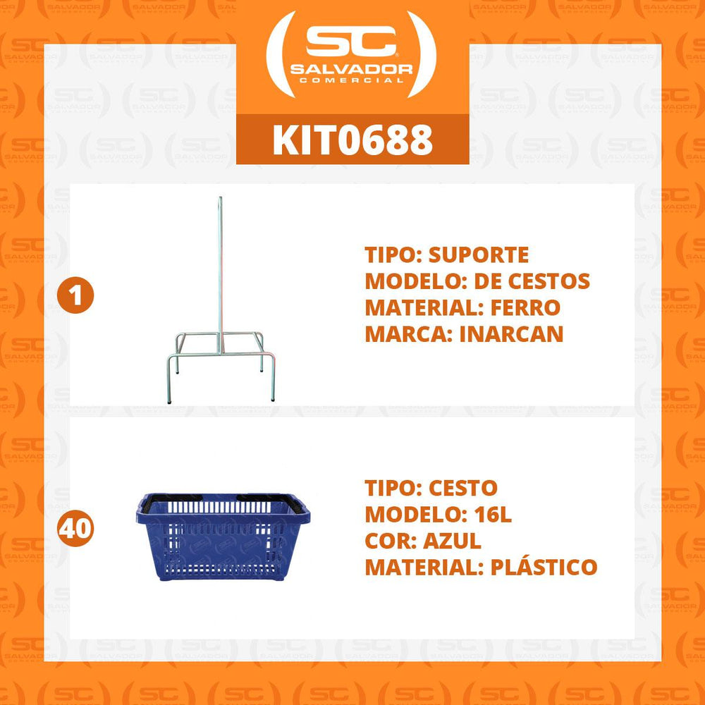 Kit Suporte Para Cestos De Compras Duplo + 40 Cestos D100 Azul