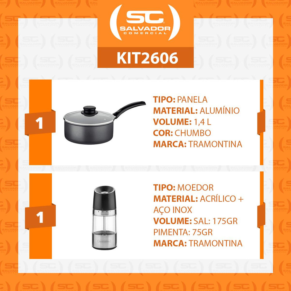 Panela Turim Alumínio Antiaderente 18cm 1,4l Ptc + Moedor de Sal e Pimenta Pequeno - Tramontina