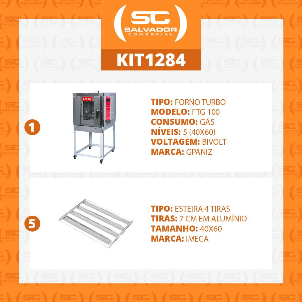 Kit Forno Turbo a Gás Profissional 5 Níveis 40x60 FTG 100 Bivolt Gpaniz + 5 Esteiras Alumínio 100 Pães