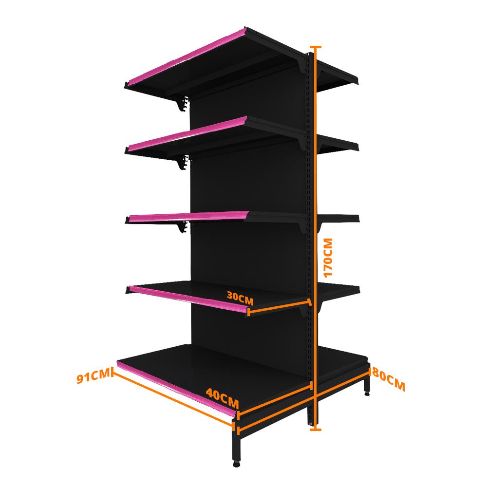 Gôndola Prateleira Preta New Plus 1,70 Central Continuação GCC - Sa Gôndolas Porta Etiquetas Rosa