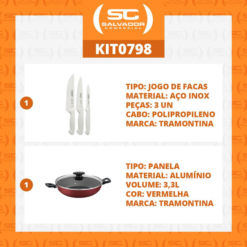 Kit Faqueiro Premium 3 Peças + 1 Panela Wok 28cm Vermelha - Tramontina
