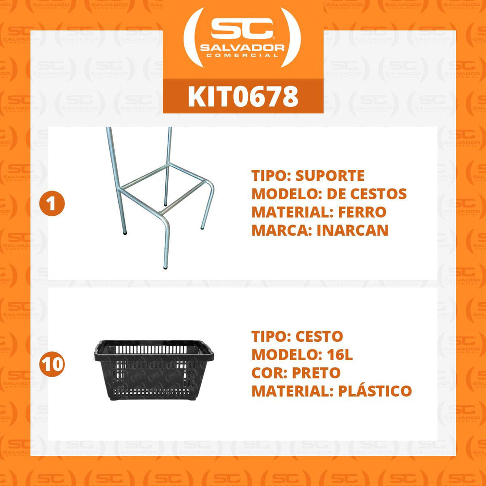 Kit Suporte Para Cestos De Compras Simples + 10 Cestos D100 Preto