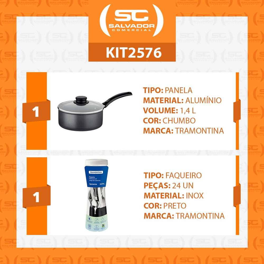 Panela Turim Alumínio Chumbo Antiaderente 1,4L PTC + Faqueiro Ipanema Preto 24pc - Tramontina