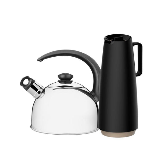 Chaleira em Aço Inox Com Apito  2,1l e Bule Garrafa Térmica 1l Preto Tramontina