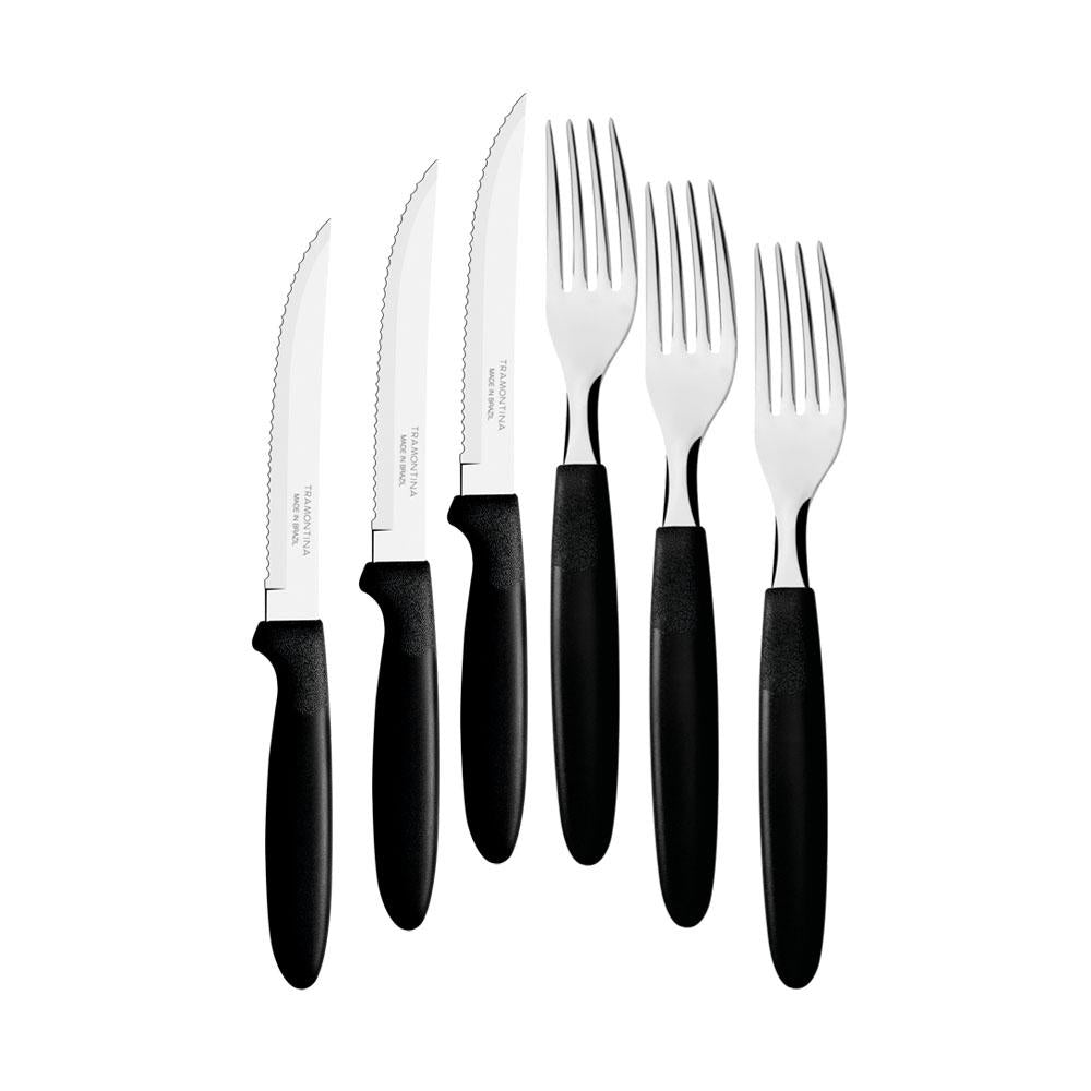 KIT - Jogo de Faca e Garfo Ipanema 24 Peças em Aço Inox Cabo Preto PTOP - Tramontina