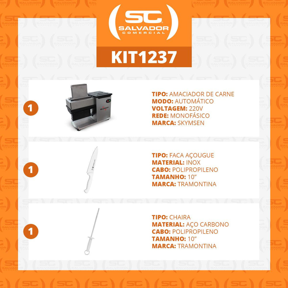 Amaciador De Carne Profissional Inox Modelo AB 220V Skymsen + Faca 10 Pol + Chaira 10 Pol