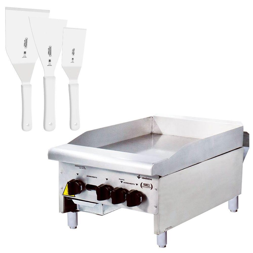 Chapa Americana Profissional 45cm a Gás 18mm Lisa Inox Cg45 e Conjunto de Espátulas - Venâncio