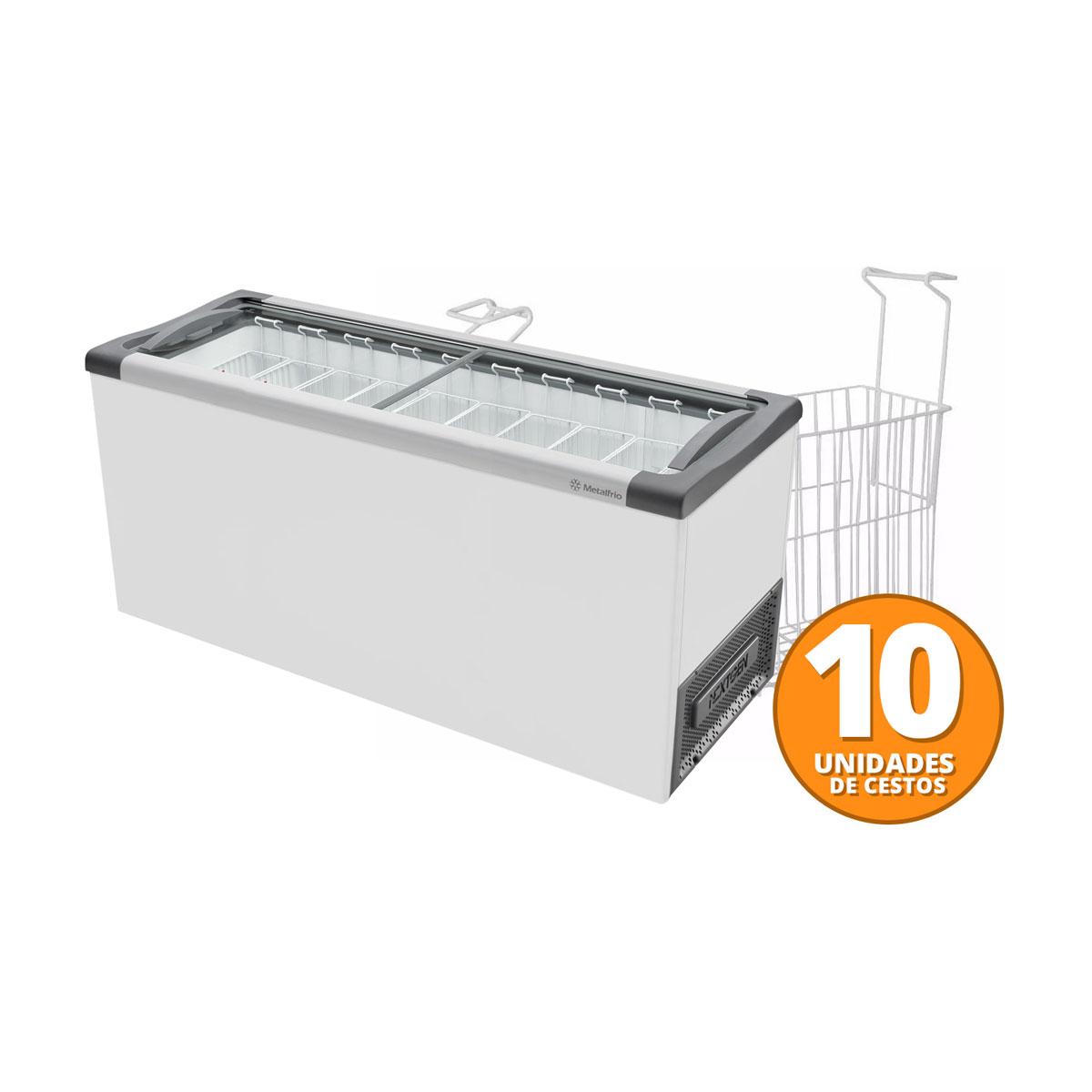 Kit - Freezer Horizontal Tampa de Vidro 405/505 Litros Nf55 - Metalfrio 127v + 10 Cestos Nextgen Branco