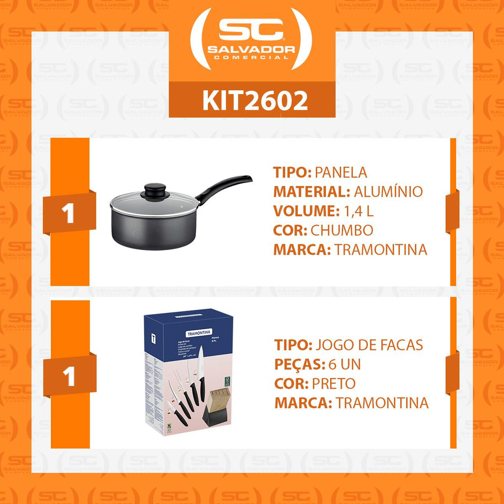 Panela Turim Alumínio Chumbo Antiaderente 18cm 1,4l Ptc + Jogo de Facas Plenus - Tramontina