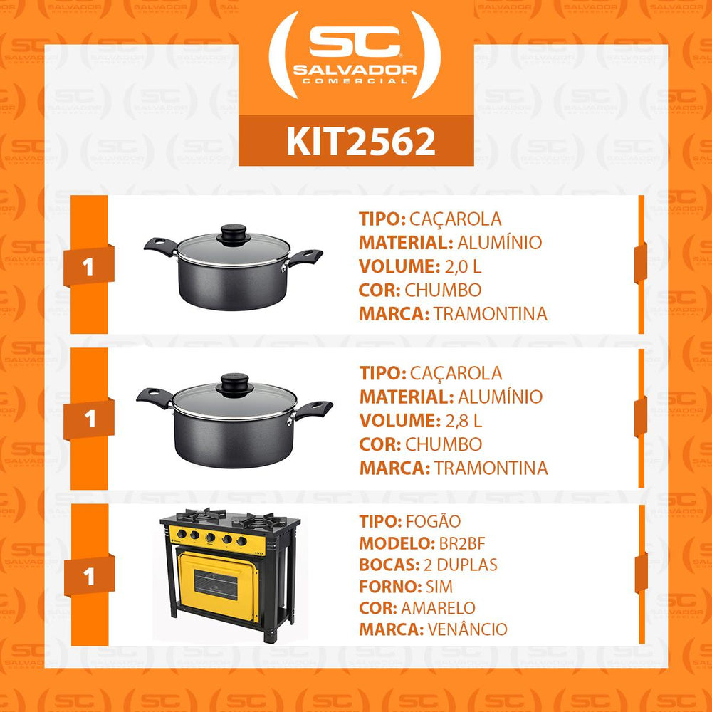 Kit Fogão Industrial 2 Bocas com Forno Bravo Amarelo Venâncio + 2 Caçarolas Tramontina Turim