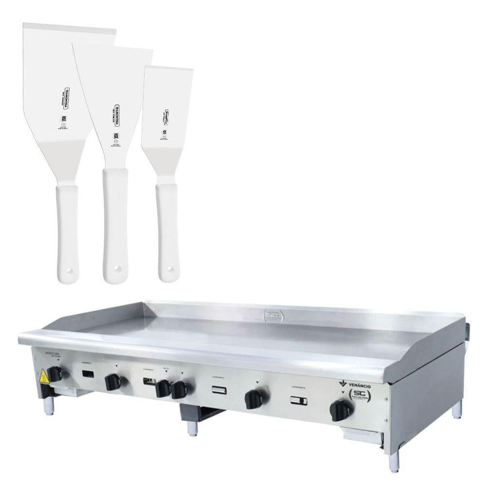 Chapa Americana Profissional 150cm a Gás 18mm Lisa Inox Cg150 e Conjunto de Espátulas - Venâncio