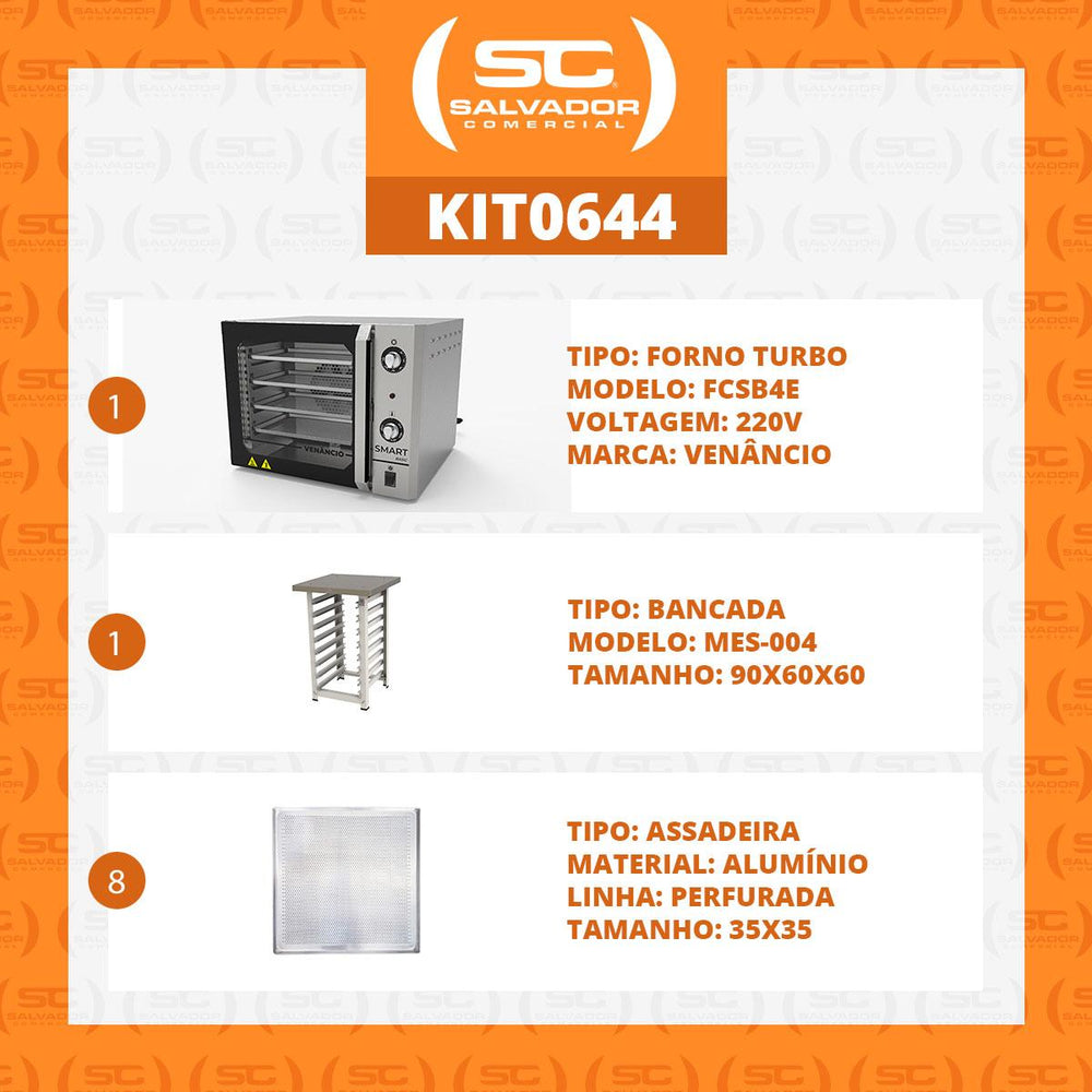KIT - Forno Turbo Convector Smart Basic Inox FCSB4E 220v + Bancada Mes-004 + 8 Assadeiras - Venâncio