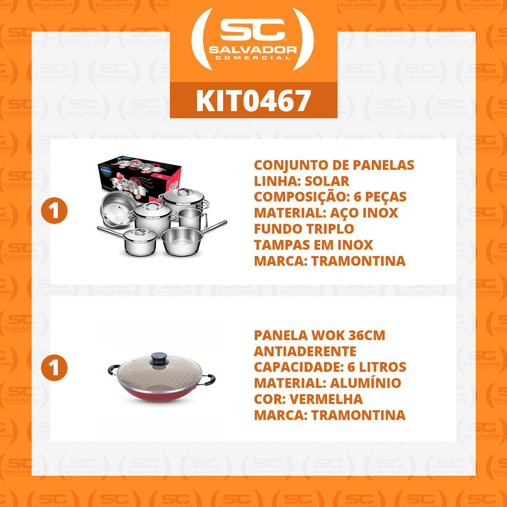 Kit Jogo de Panelas Solar 6pçs Inox + Panela Wok Alumínio Paris 36cm Vermelha - Tramontina