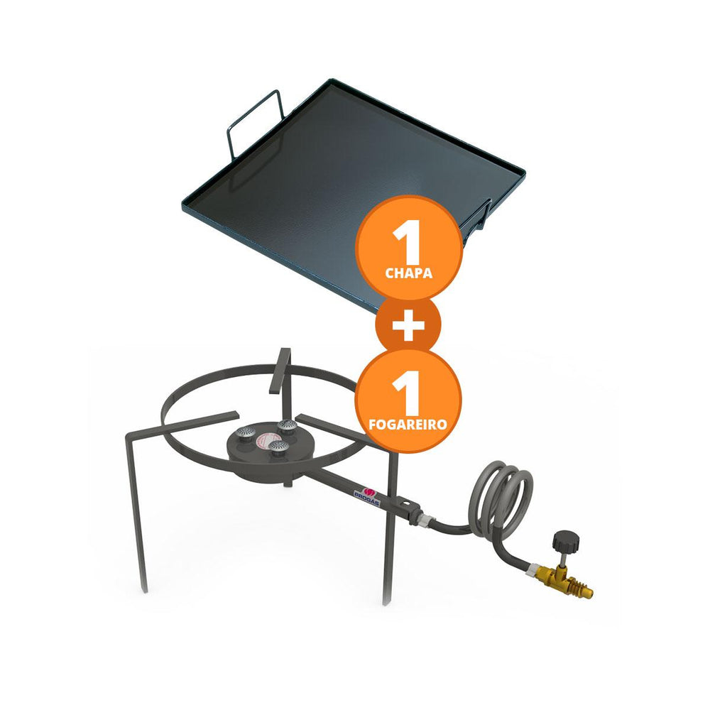 KIT Camping 1 - Fogareiro Fogão Redondo F1B3 30cm Simples + Chapa Bifeteira 32cm Progás