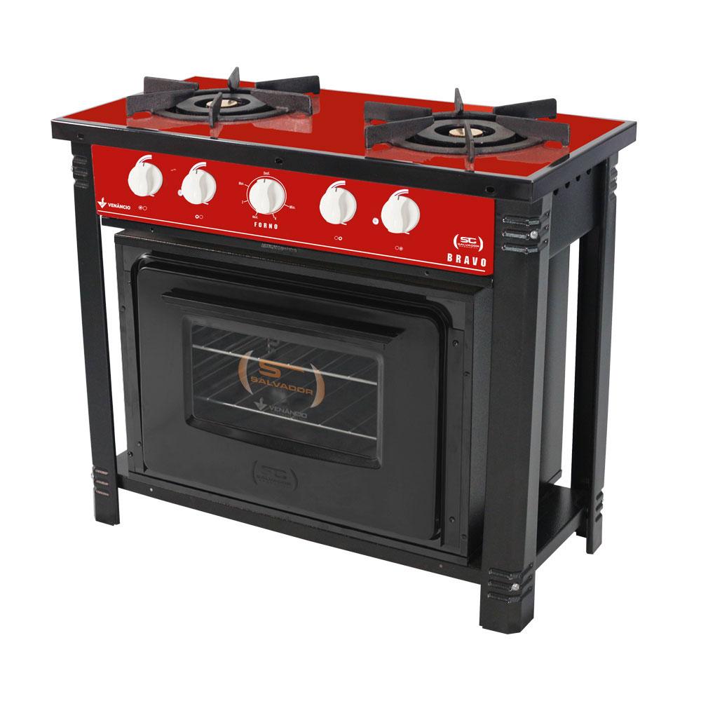 Fogão Industrial Vermelho a Gás com Forno Preto 2 Bocas Duplas Bravo BR2BF - Venâncio