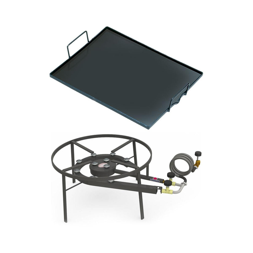 Kit Camping 7 - Fogareiro Fogão F2B10 Redondo 40cm Duplo de Mesa + Chapa Bifeteira 50cm – Progás
