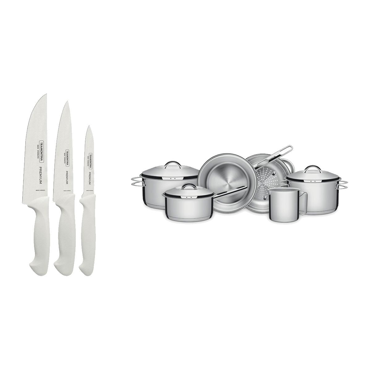Kit - Faqueiro Premium 3 Peças + 1 Jogo de Panelas Inox Solar 6 Peças - Tramontina