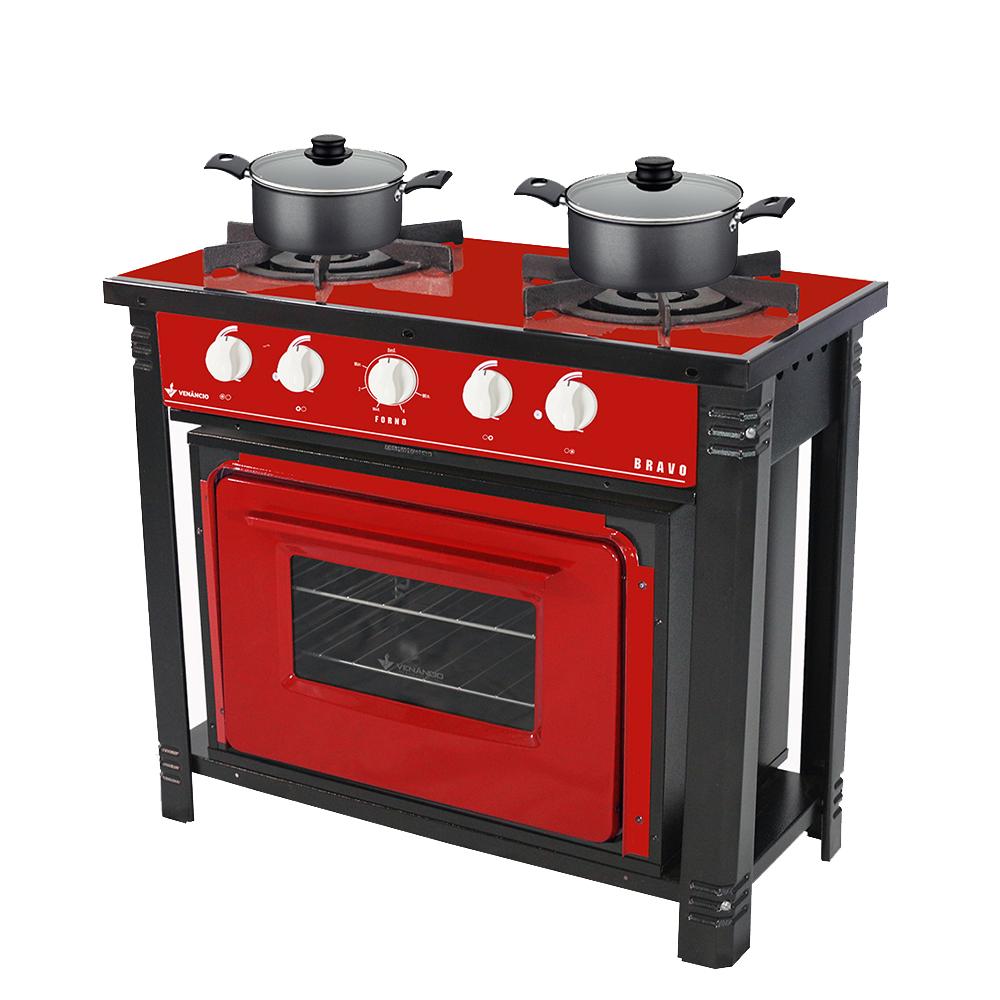 Kit Fogão Industrial 2 Bocas com Forno Bravo Vermelho Venâncio + 2 Caçarolas Tramontina Turim