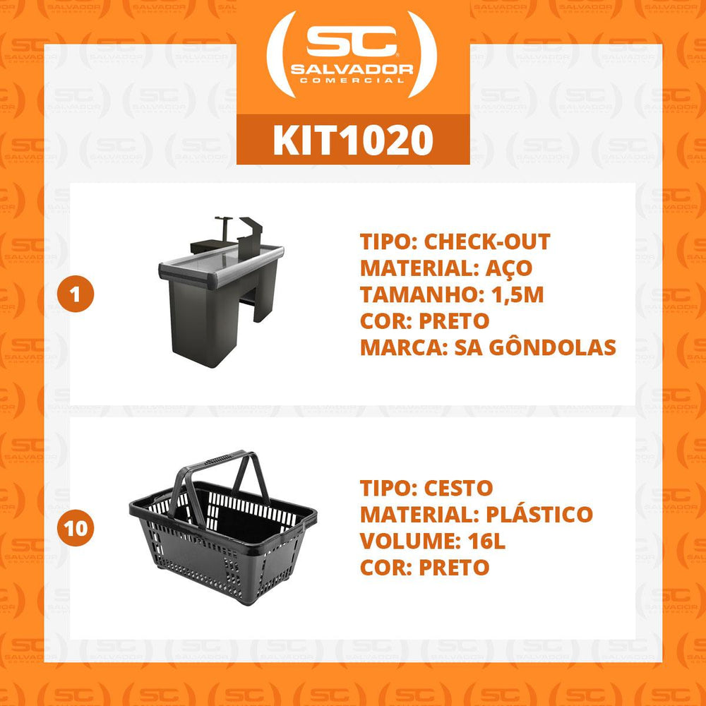 Kit - Caixa Supermercado Empacotador Check-out 1,5m Recorte + 10 Cestos de Compras Preto