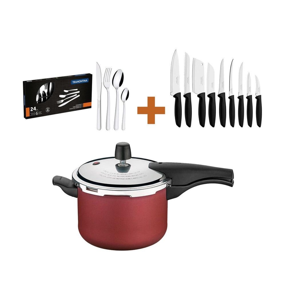 Kit Panela de Pressão 4,5 Vermelha + 1 Conjunto Facas 9pç + 1 Faqueiro Inox 24pç - Tramontina