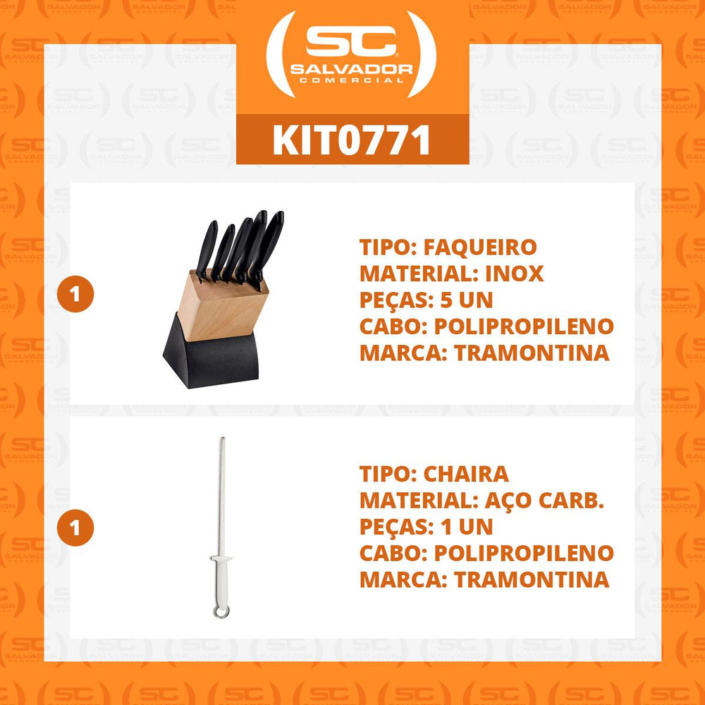 Kit Faqueiro Plenus 6 Peças + 1 Chaira Estriada 10 Pol Profissional - Tramontina