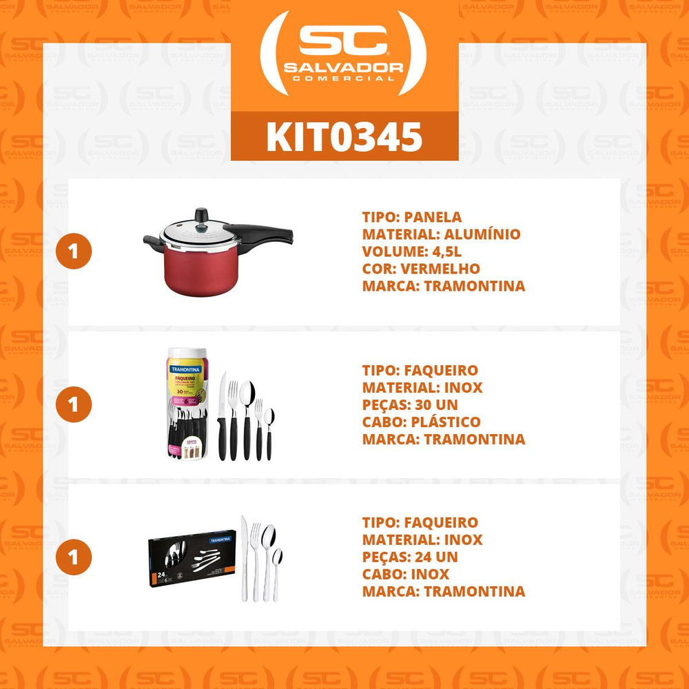 Kit Panela de Pressão 4,5 Vermelha + 1 Faqueiro 30pç + 1 Faqueiro Inox 24pç - Tramontina