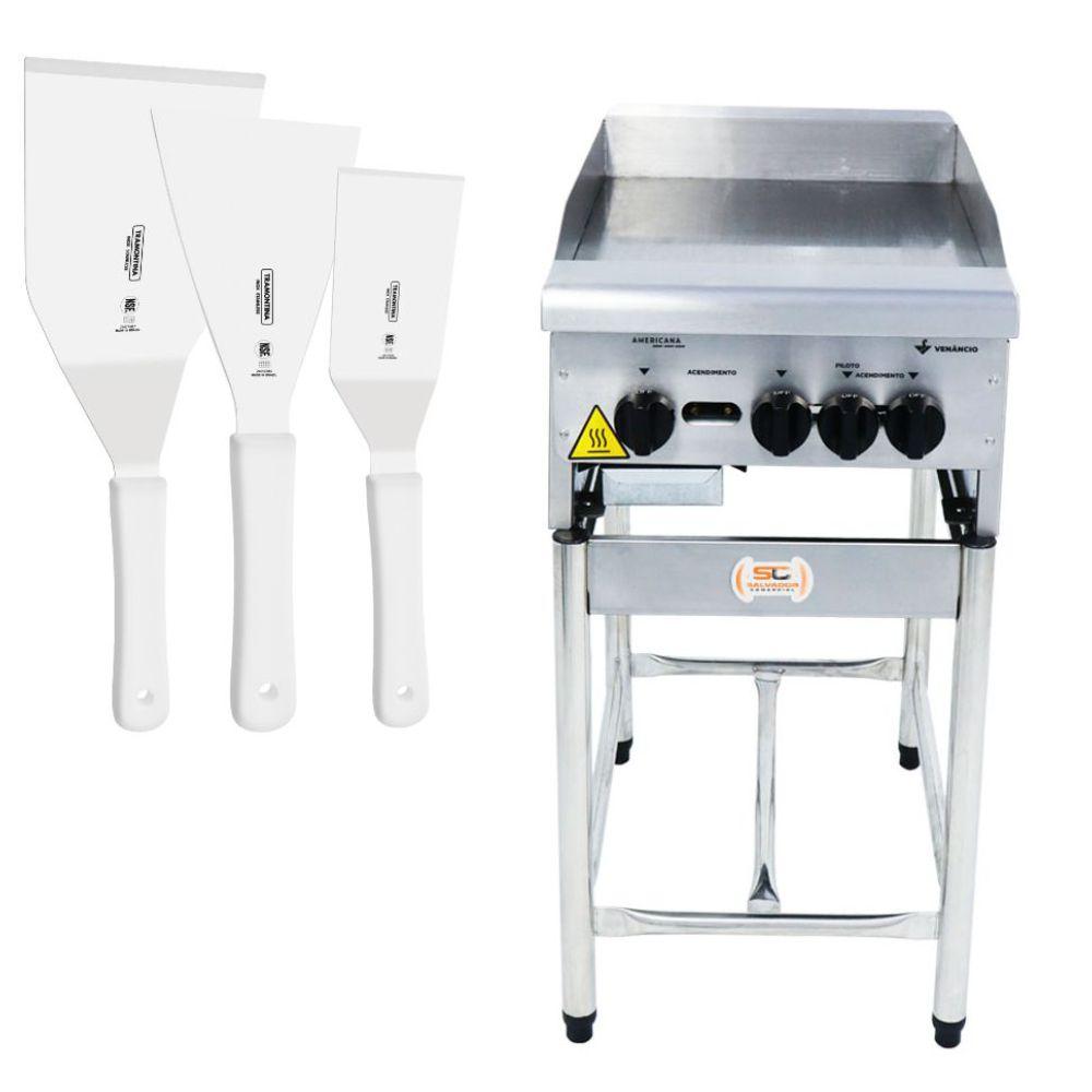 Chapa Americana Profissional 45cm a Gás 8mm Lisa Inox Com Pé CGP45 e Conjunto de Espátulas - Venâncio