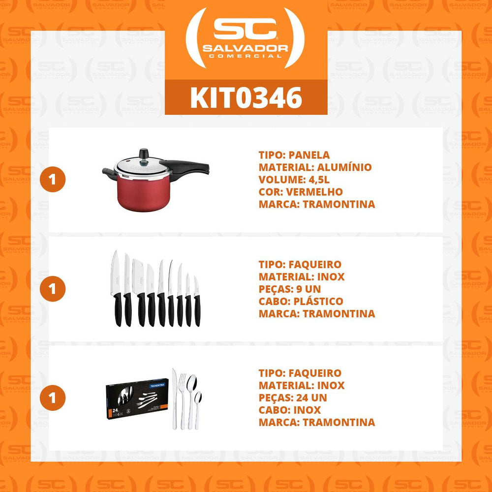 Kit Panela de Pressão 4,5 Vermelha + 1 Conjunto Facas 9pç + 1 Faqueiro Inox 24pç - Tramontina