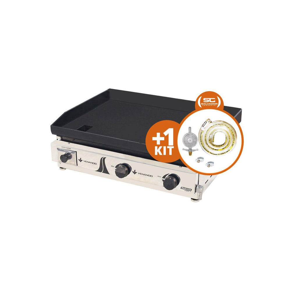 Kit - Chapa Bifeteira A Gás Lisa 65cm Comercial Aço Carbono C65 6,35mm + Kit Gás - Venâncio