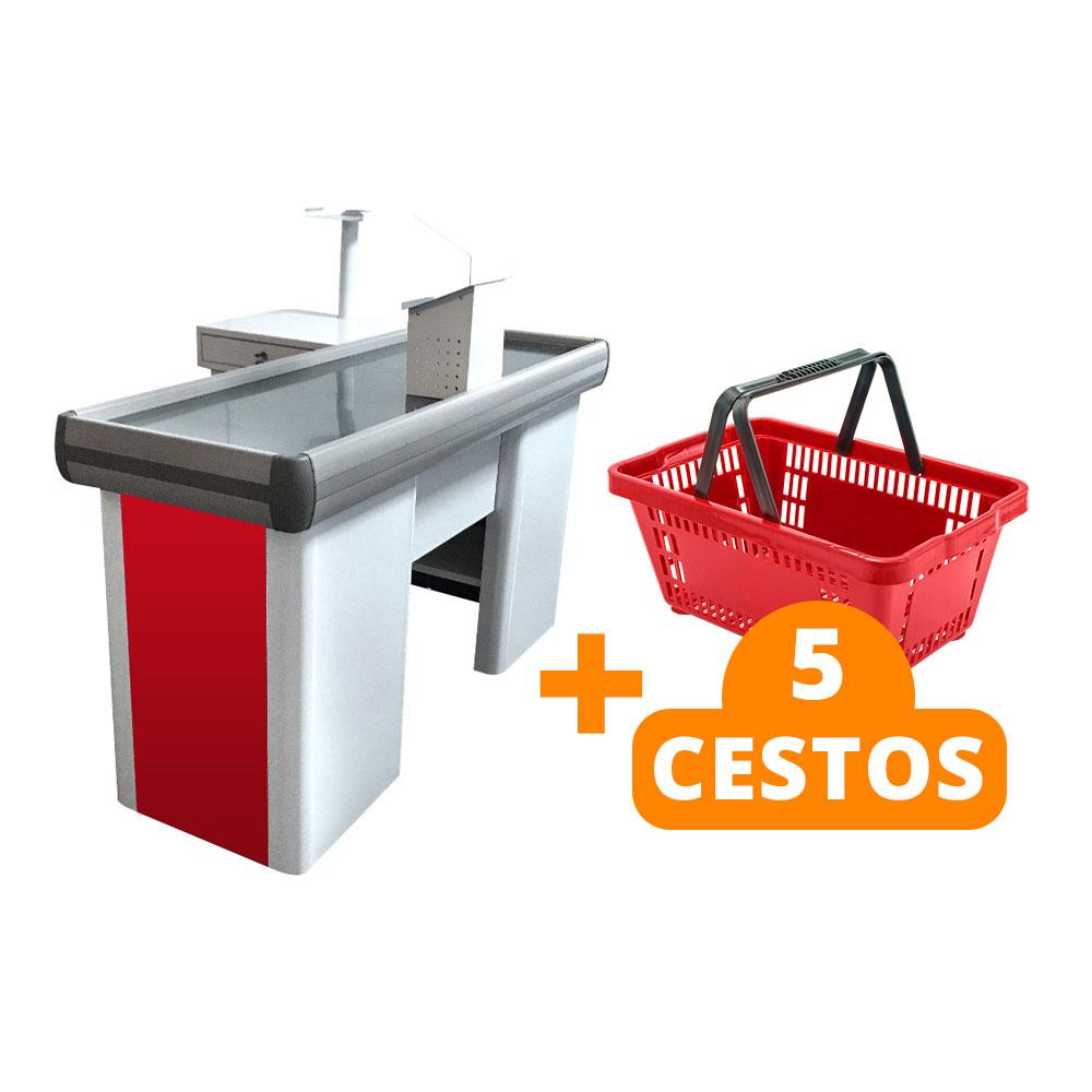 Kit Caixa De Supermercado Empacotador Check-Out 1,50m Recorte + 5 Cestos De Compras Vermelho