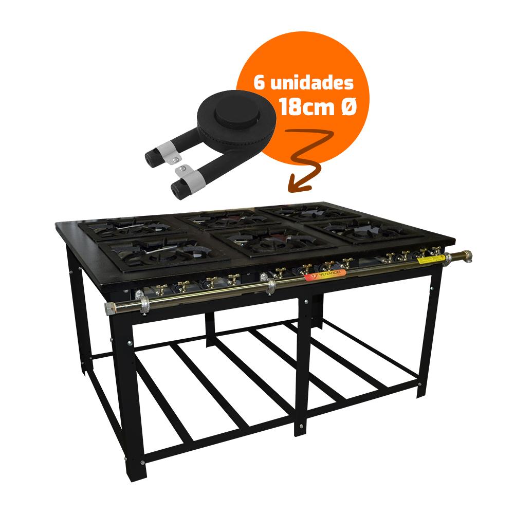 Fogão Industrial 6 Bocas Duplas a Gás Baixa Pressão Profissional Maxi  Cozinha 40x40 M6D6E - Venâncio