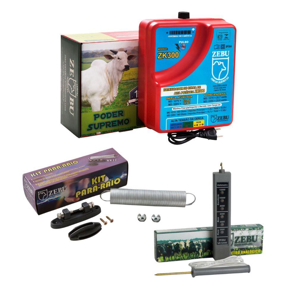 Eletrificador Cercas Elétricas Grandes Propriedades ZK300 220V + Kit Para-raios + Voltímetro - Zebu