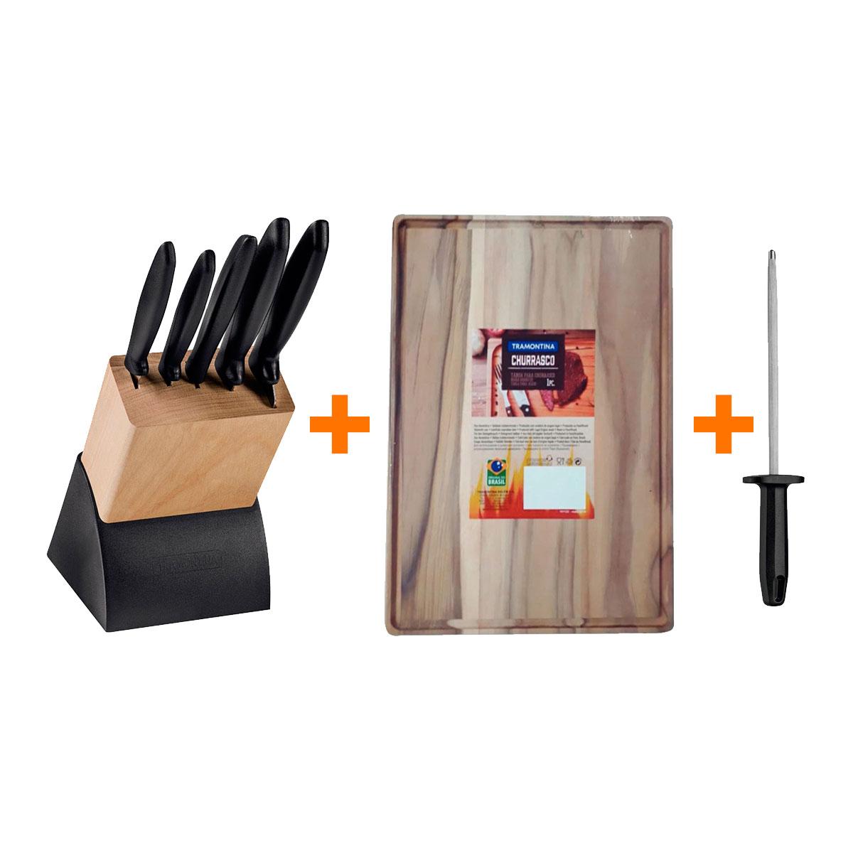 Kit - Faqueiro Plenus 6 Peças + Tábua Para Churrasco 40x28 + Chaira 8 Pol - Tramontina