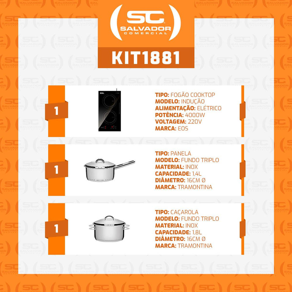 Kit Fogão Cooktop De Indução 2 Bocas ECI02EP 220V EOS + Panelas Inox Solar Ø 16cm PIT4 e PIT7