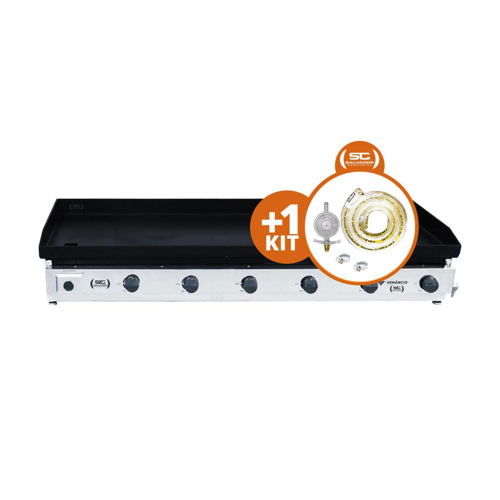 Kit - Chapa Bifeteira A Gás Lisa 140cm Comercial Aço Carbono C140 6,35mm + Kit Gás 2kg - Venâncio