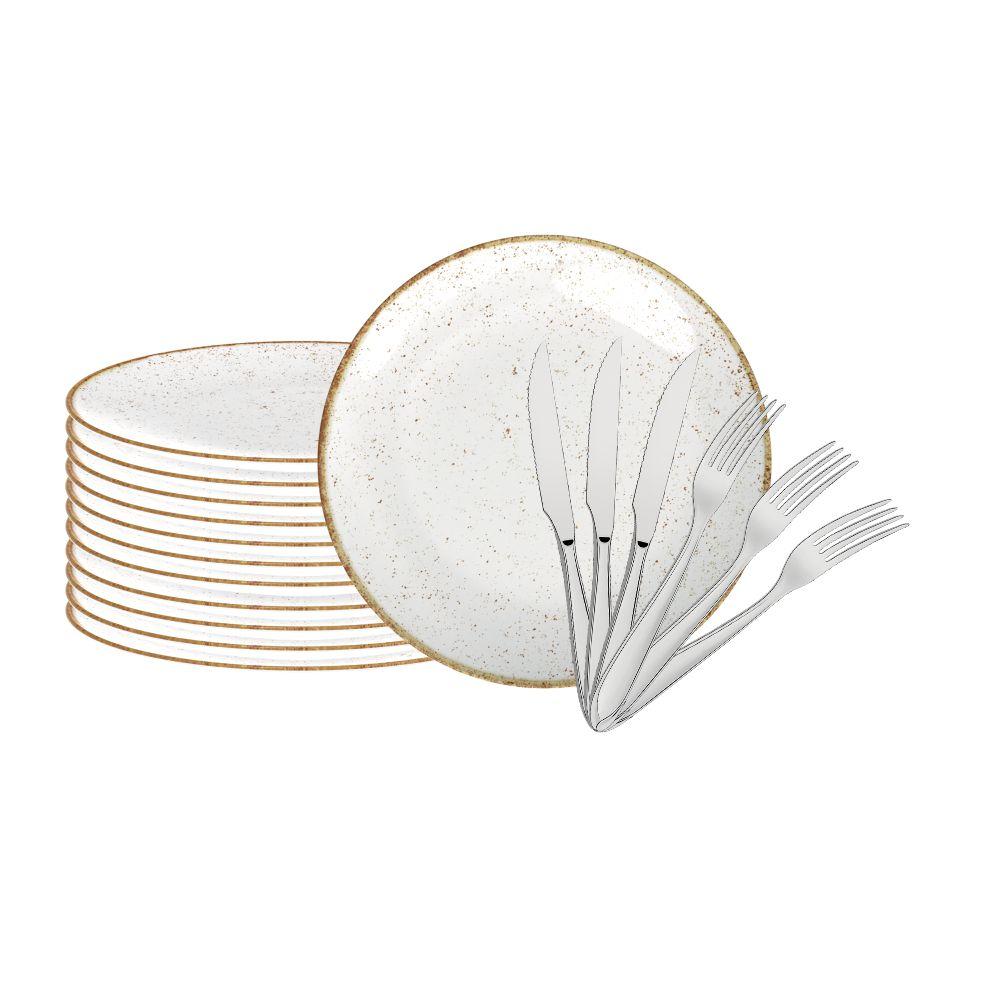Jogo de Pratos Rústico 12pç Porcelana 25cm Com Talheres Laguna Tramontina