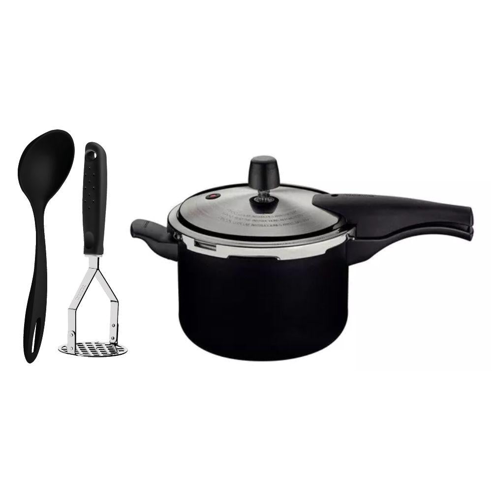 Jogo Panela Pressão Antiaderente 4,5l Preto Com Amassador Inox e Concha Tramontina