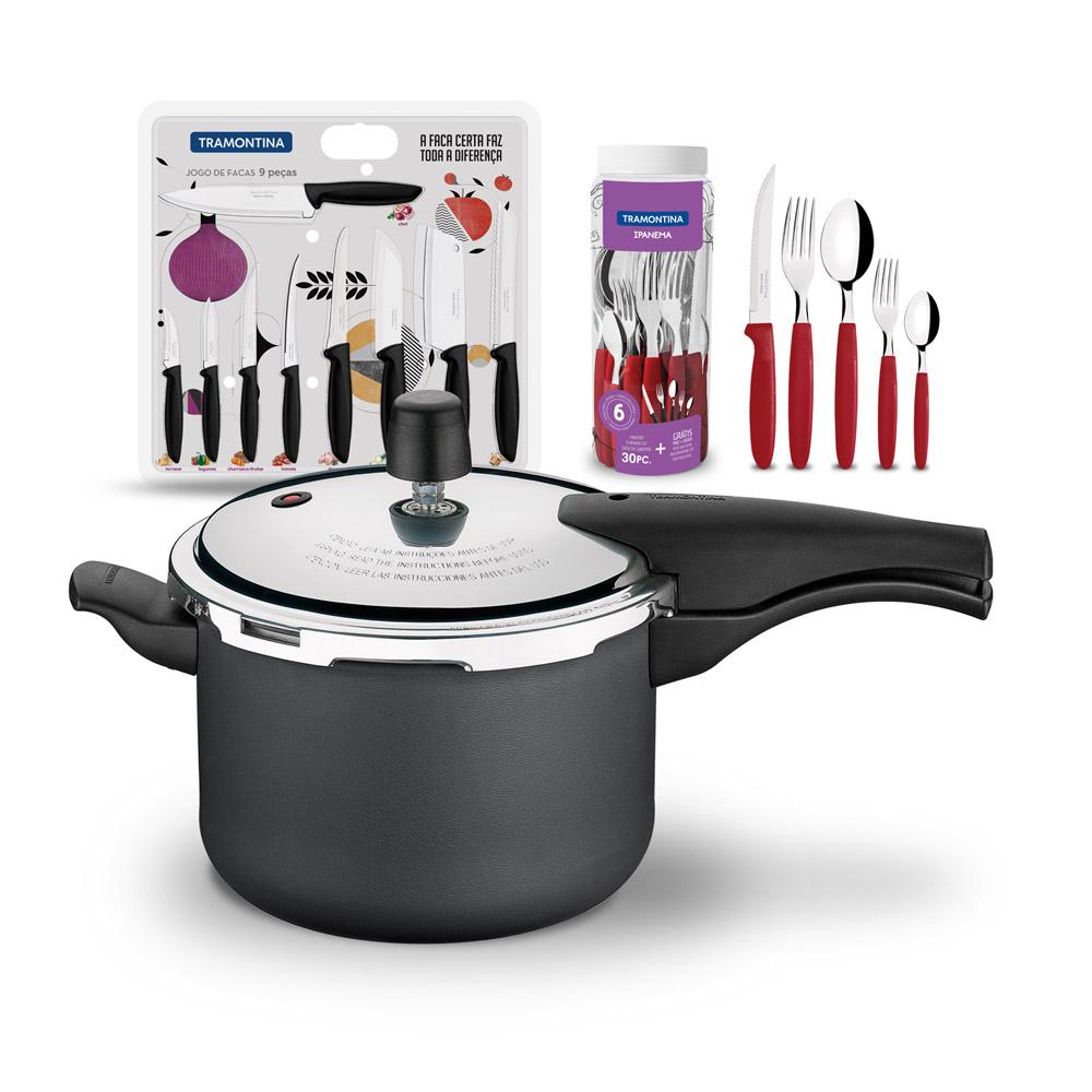 Kit Panela de Pressão 4,5 Grafite + 1 Faqueiro Vermelho 30pç + 1 Conjunto Facas 9pç - Tramontina