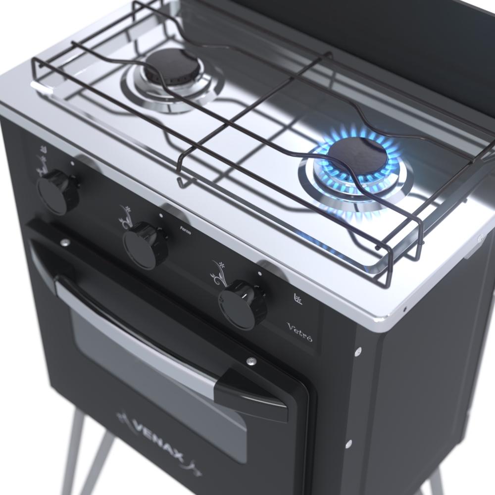Fogão 2 Bocas Simples Gemini Vetro Preto Fosco Gás GLP Com Forno GMV200 - Venax 7509